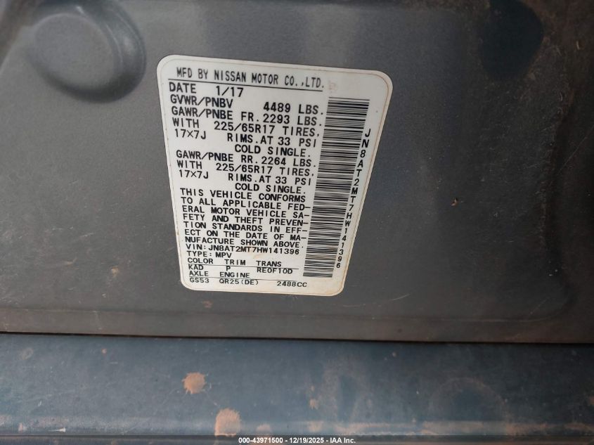 2017 Nissan Rogue Sv VIN: JN8AT2MT7HW141396 Lot: 43971500