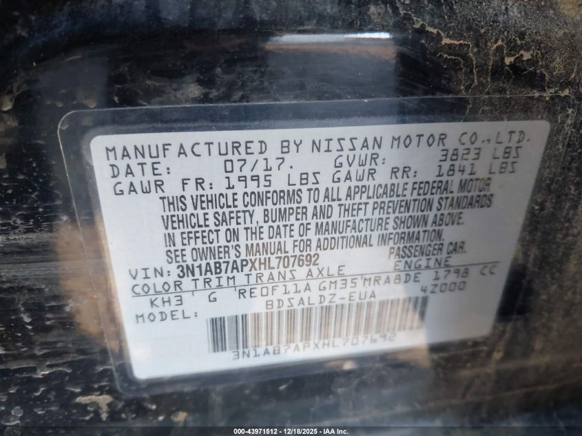 2017 Nissan Sentra Sv VIN: 3N1AB7APXHL707692 Lot: 43971512