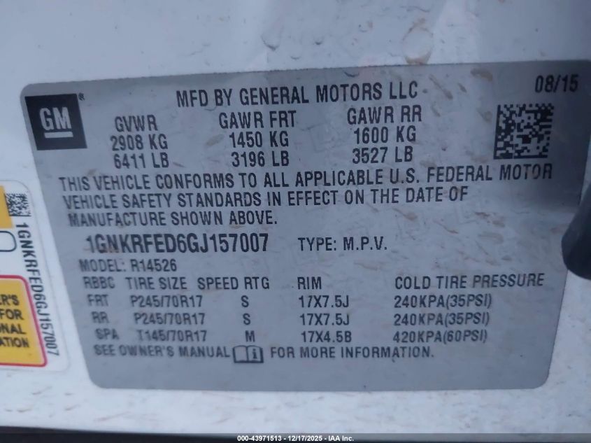 2016 Chevrolet Traverse Ls VIN: 1GNKRFED6GJ157007 Lot: 43971513