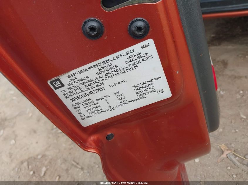 2004 Chevrolet Avalanche 1500 VIN: 3GNEC12T04G279534 Lot: 43971516