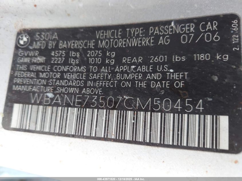 2007 BMW 530I VIN: WBANE73507CM50454 Lot: 43971520
