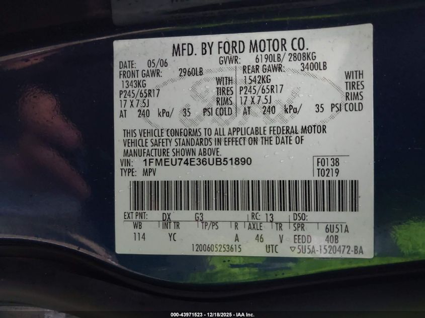 2006 Ford Explorer Eddie Bauer VIN: 1FMEU74E36UB51890 Lot: 43971523