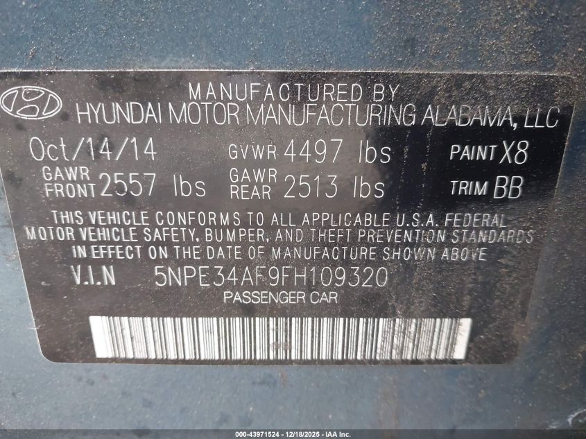 2015 Hyundai Sonata Sport VIN: 5NPE34AF9FH109320 Lot: 43971524