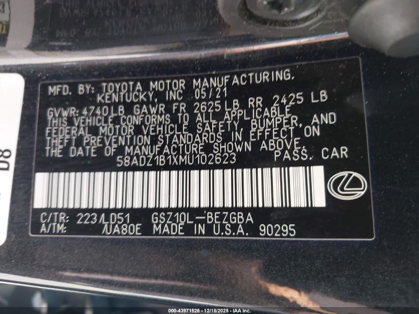 2021 Lexus Es 350 VIN: 58ADZ1B1XMU102623 Lot: 43971526