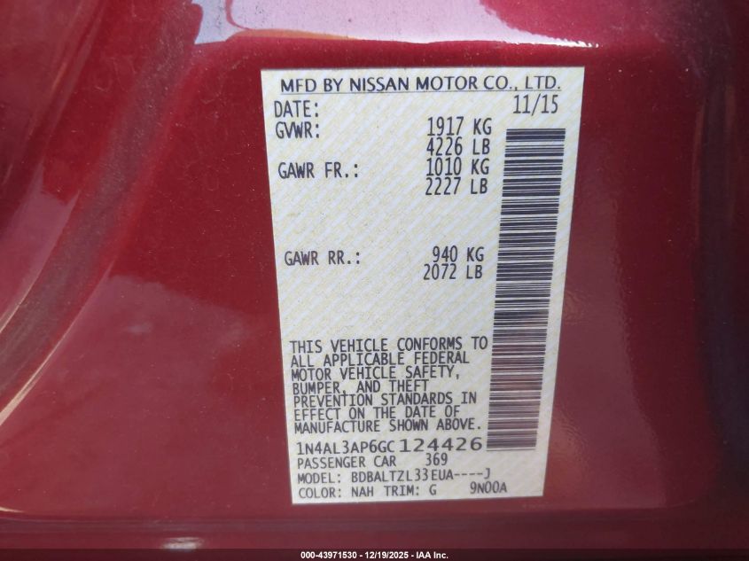 2016 Nissan Altima 2.5 Sl VIN: 1N4AL3AP6GC124426 Lot: 43971530