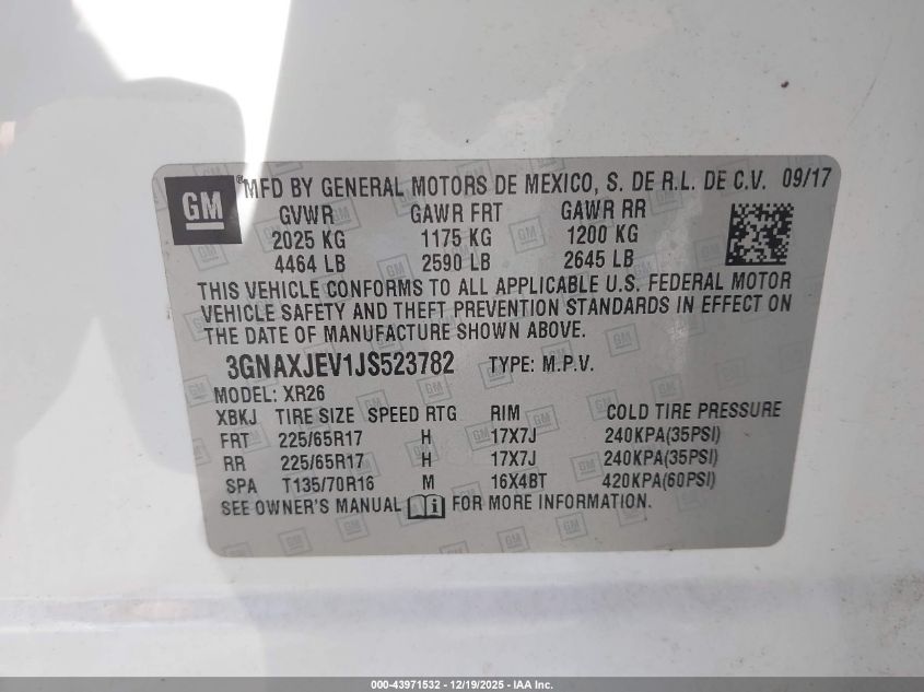 2018 Chevrolet Equinox Lt VIN: 3GNAXJEV1JS523782 Lot: 43971532