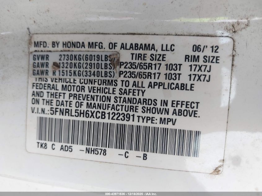 2012 Honda Odyssey Ex-L VIN: 5FNRL5H6XCB122391 Lot: 43971536