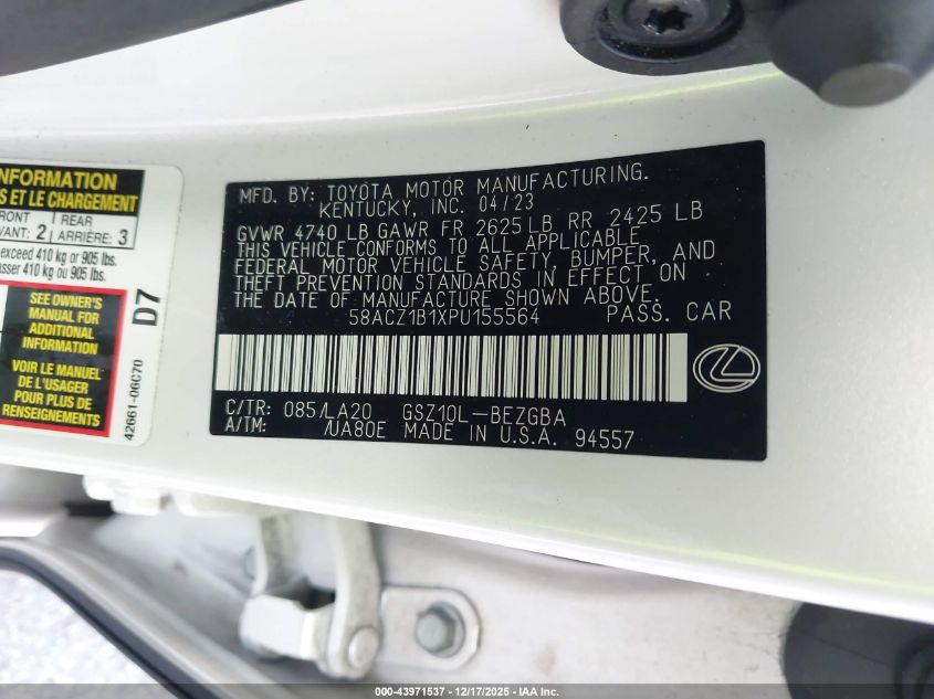 2023 Lexus Es 350 VIN: 58ACZ1B1XPU155564 Lot: 43971537