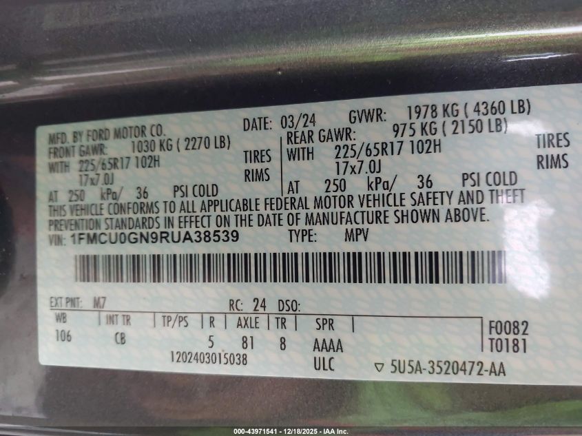 2024 Ford Escape Active VIN: 1FMCU0GN9RUA38539 Lot: 43971541