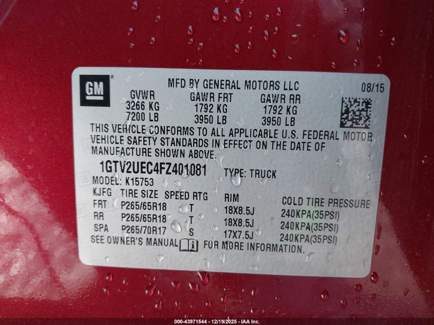 2015 GMC Sierra 1500 Sle VIN: 1GTV2UEC4FZ401081 Lot: 43971544