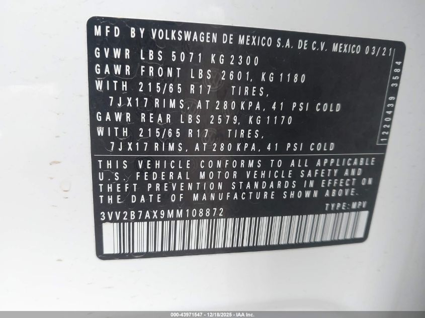 2021 Volkswagen Tiguan 2.0T Se/2.0T Se R-Line Black/2.0T Sel VIN: 3VV2B7AX9MM108872 Lot: 43971547