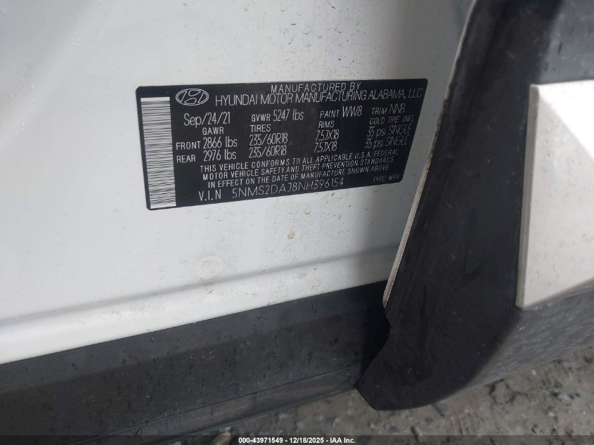 2022 Hyundai Santa Fe Sel VIN: 5NMS2DAJ8NH396154 Lot: 43971549