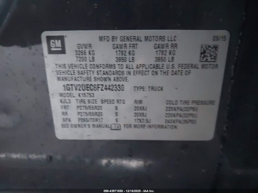 2015 GMC Sierra 1500 Sle VIN: 1GTV2UEC6FZ442330 Lot: 43971550