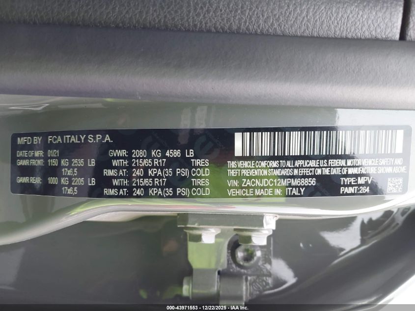 2021 Jeep Renegade Trailhawk 4X4 VIN: ZACNJDC12MPM68856 Lot: 43971553