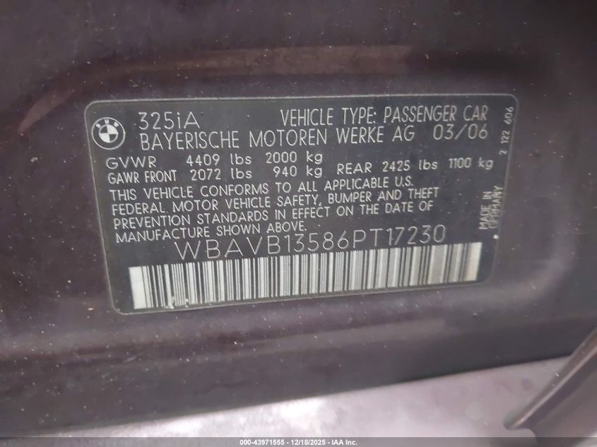 2006 BMW 325I VIN: WBAVB13586PT17230 Lot: 43971555