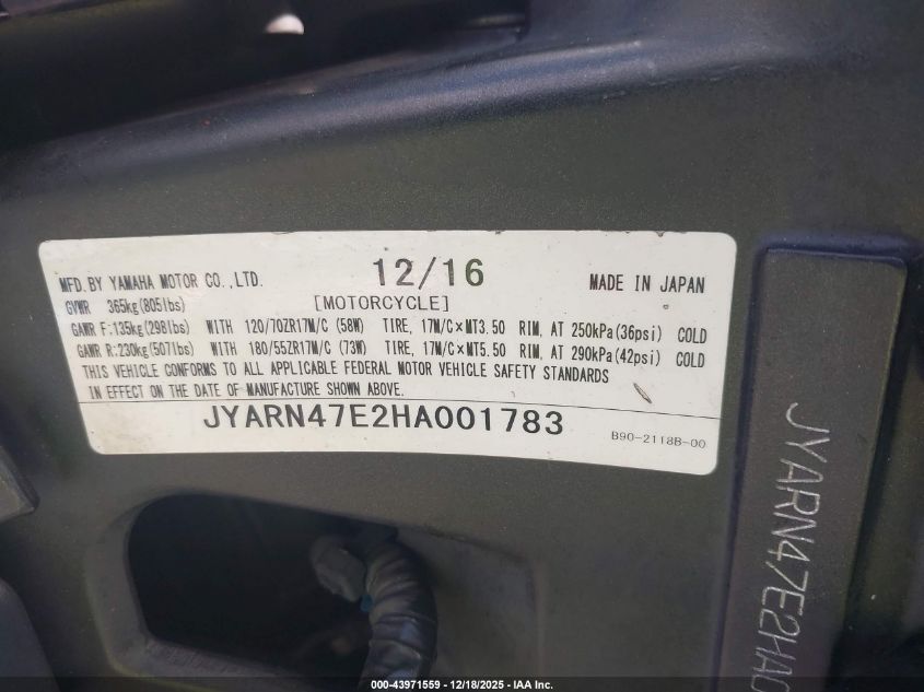 2017 Yamaha Xsr900 VIN: JYARN47E2HA001783 Lot: 43971559
