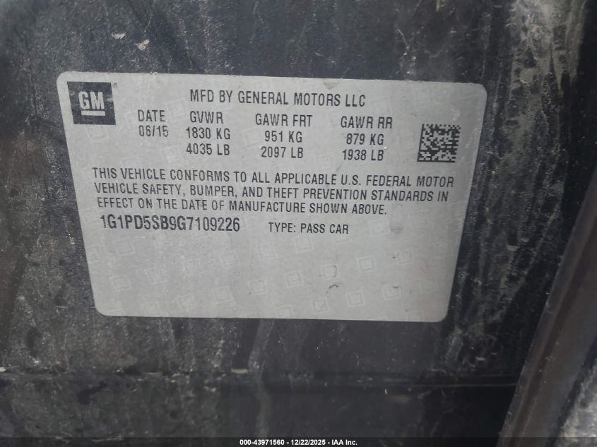 2016 Chevrolet Cruze Limited 1Lt Manual VIN: 1G1PD5SB9G7109226 Lot: 43971560