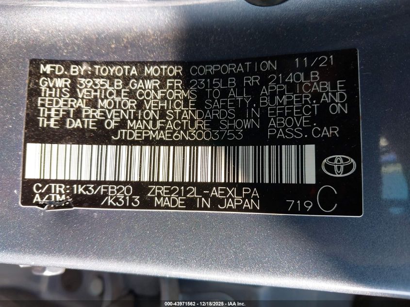 2022 Toyota Corolla Le VIN: JTDEPMAE6N3003753 Lot: 43971562