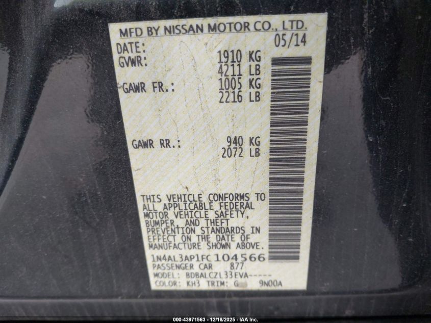 2015 Nissan Altima 2.5/2.5 S/2.5 Sl/2.5 Sv VIN: 1N4AL3AP1FC104566 Lot: 43971563