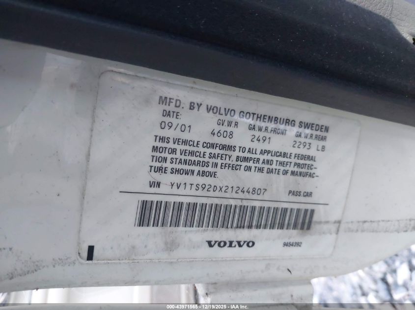 2002 Volvo S80 2.9 VIN: YV1TS92DX21244807 Lot: 43971565