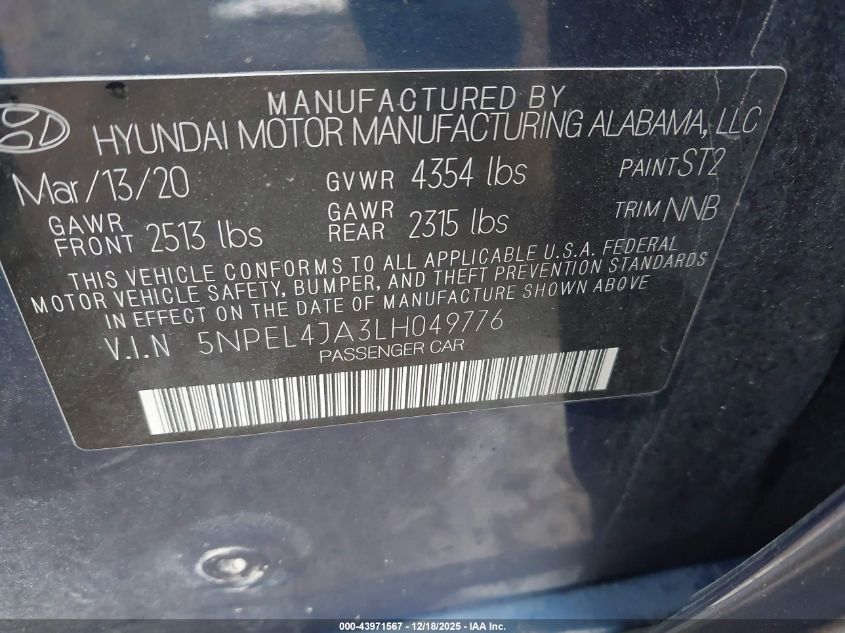 2020 Hyundai Sonata Sel VIN: 5NPEL4JA3LH049776 Lot: 43971567