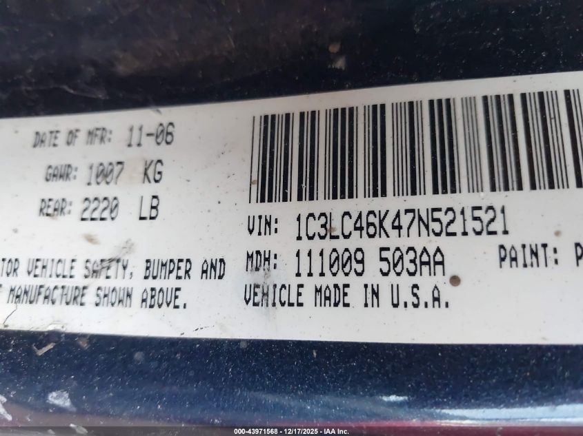 2007 Chrysler Sebring VIN: 1C3LC46K47N521521 Lot: 43971568