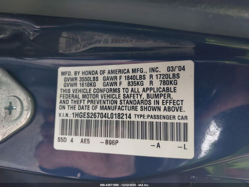 2004 Honda Civic Ex VIN: 1HGES26704L018214 Lot: 43971569