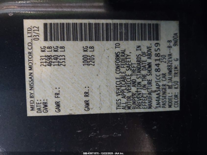 2012 Nissan Maxima 3.5 Sv VIN: 1N4AA5AP1CC841859 Lot: 43971570