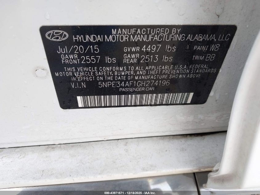 2016 Hyundai Sonata Sport VIN: 5NPE34AF1GH274196 Lot: 43971571