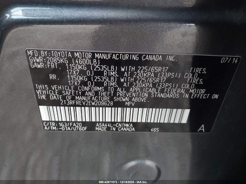 2014 Toyota Rav4 Xle VIN: 2T3RFREV2EW209628 Lot: 43971572