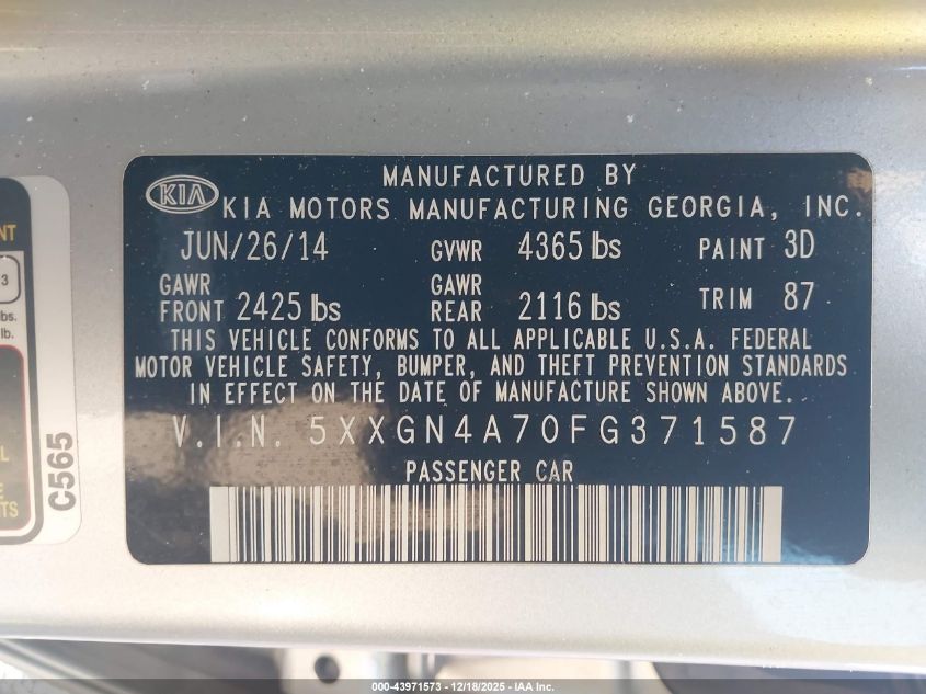 2015 Kia Optima Ex VIN: 5XXGN4A70FG371587 Lot: 43971573