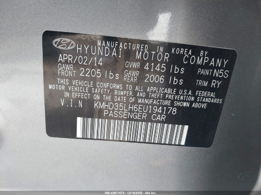 2014 Hyundai Elantra Gt VIN: KMHD35LH6EU194178 Lot: 43971575