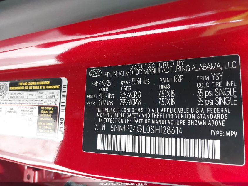2025 Hyundai Santa Fe Sel VIN: 5NMP24GL0SH128614 Lot: 43971577
