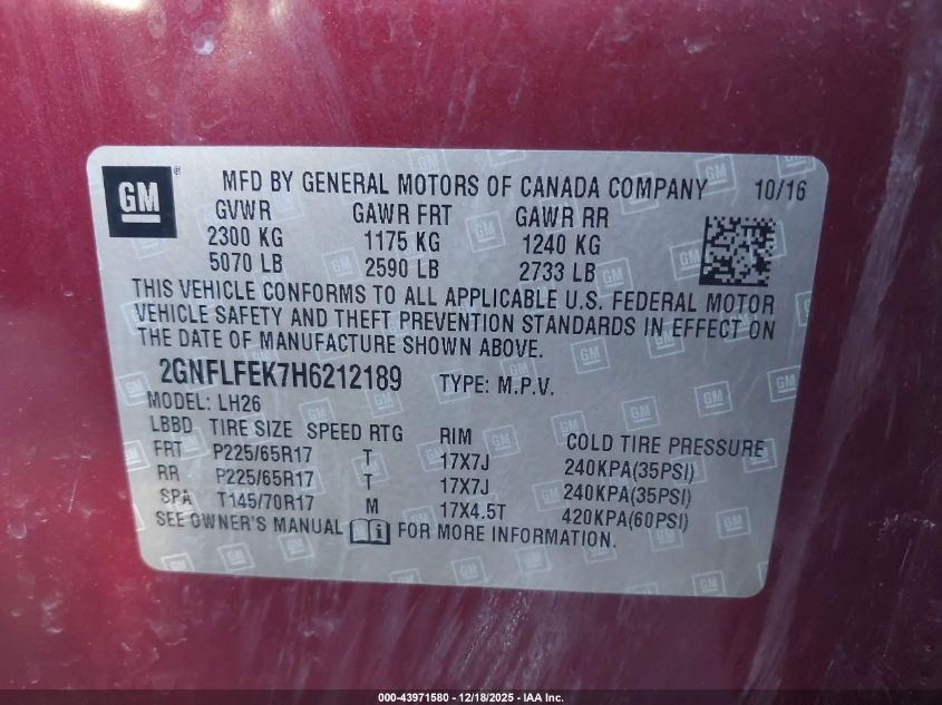 2017 Chevrolet Equinox Lt VIN: 2GNFLFEK7H6212189 Lot: 43971580