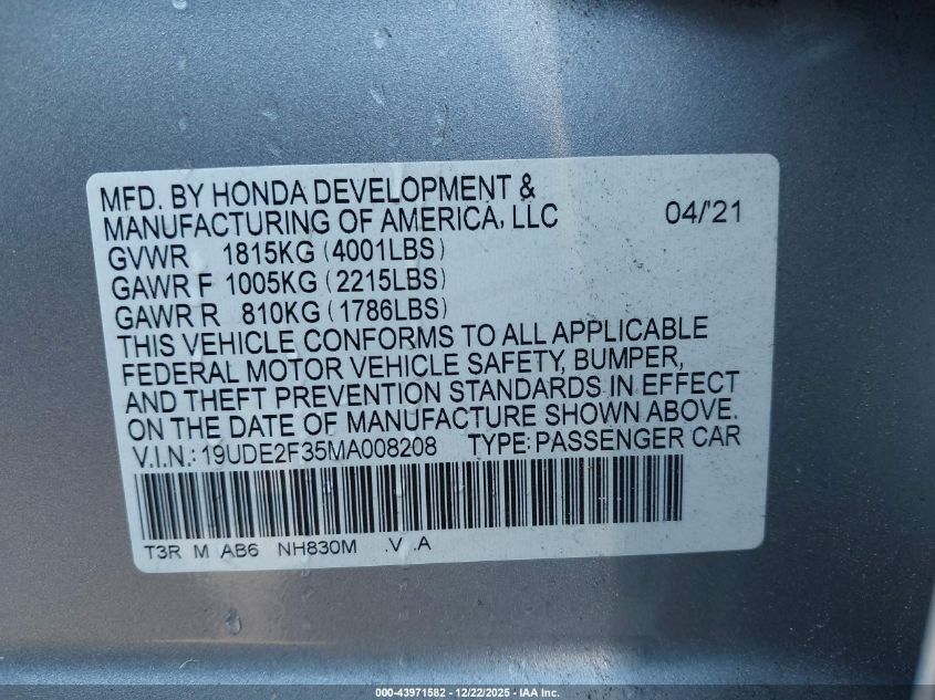 2021 Acura Ilx Standard VIN: 19UDE2F35MA008208 Lot: 43971582