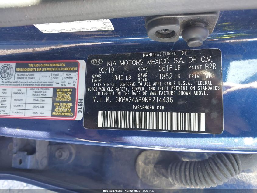2019 Kia Rio S VIN: 3KPA24AB9KE214436 Lot: 43971586