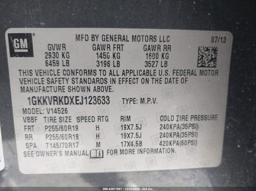 2014 GMC Acadia Slt-1 VIN: 1GKKVRKDXEJ123633 Lot: 43971587