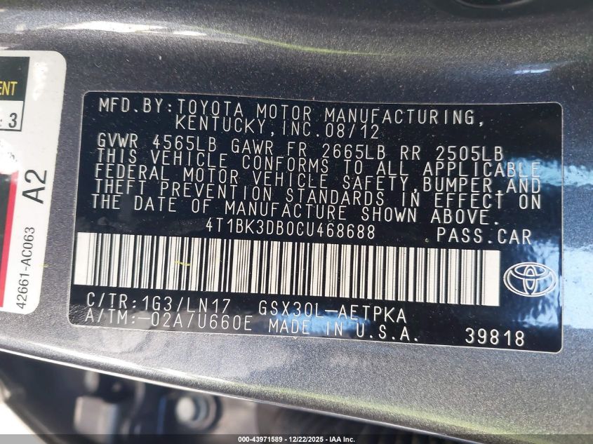 2012 Toyota Avalon Limited VIN: 4T1BK3DB0CU468688 Lot: 43971589