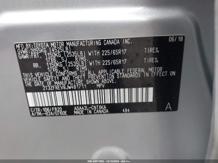 2018 Toyota Rav4 Le VIN: 2T3ZFREV8JW481711 Lot: 43971592