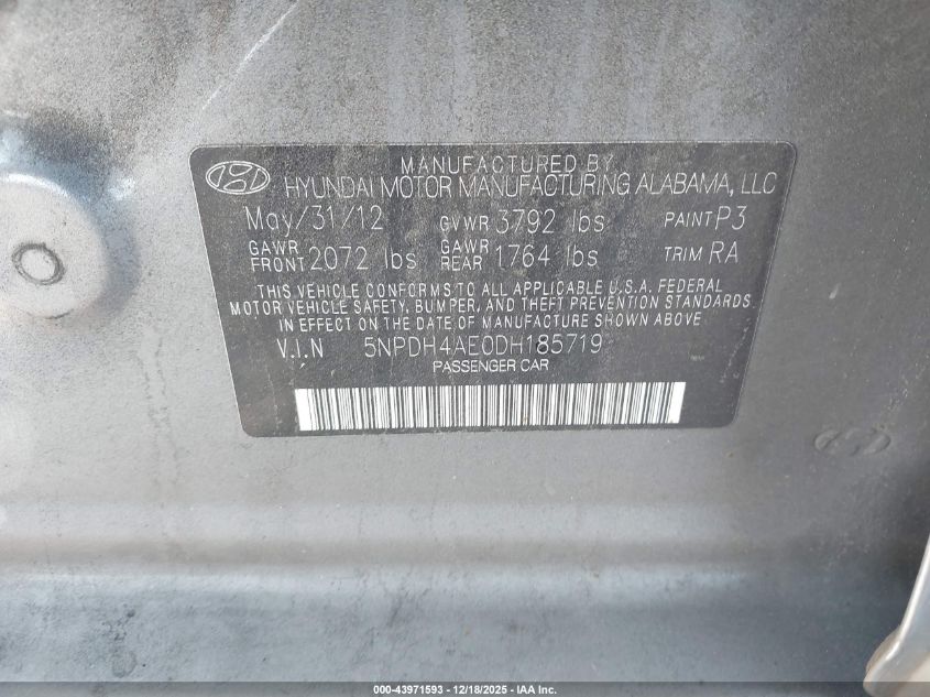 2013 Hyundai Elantra Gls/Limited VIN: 5NPDH4AE0DH185719 Lot: 43971593