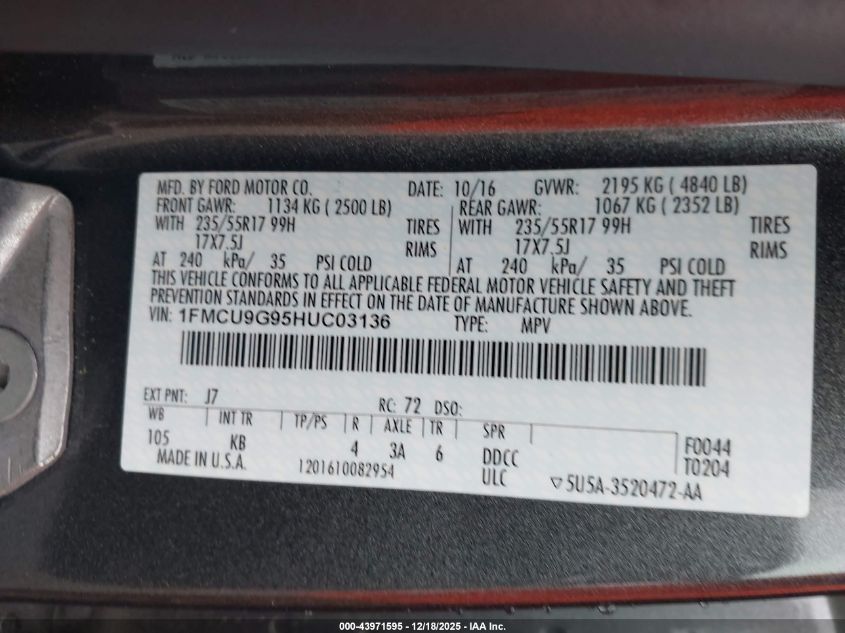 2017 Ford Escape Se VIN: 1FMCU9G95HUC03136 Lot: 43971595