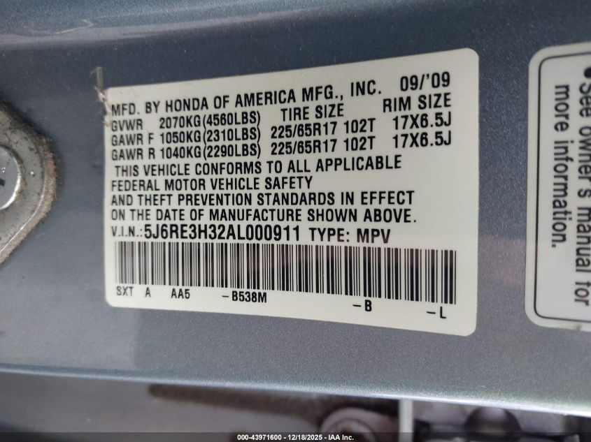 2010 Honda Cr-V Lx VIN: 5J6RE3H32AL000911 Lot: 43971600