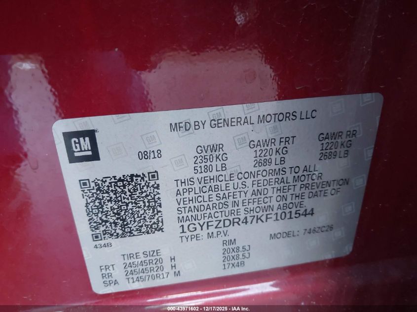 2019 Cadillac Xt4 Premium Luxury VIN: 1GYFZDR47KF101544 Lot: 43971602