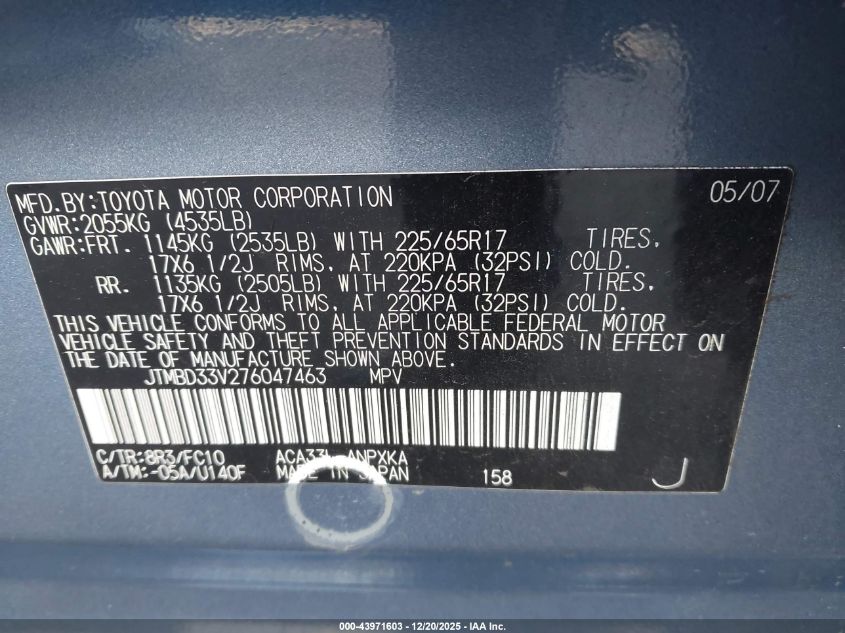 2007 Toyota Rav4 VIN: JTMBD33V276047463 Lot: 43971603