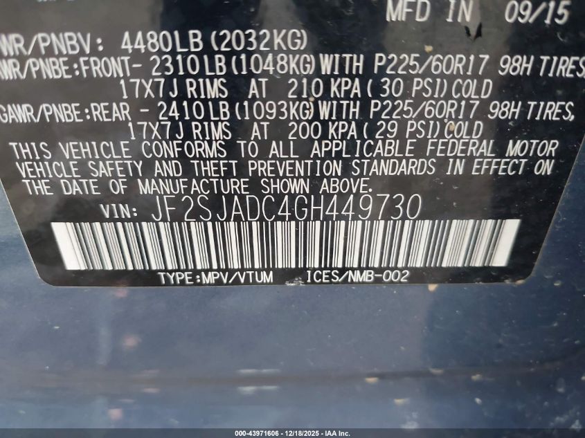 2016 Subaru Forester 2.5I Premium VIN: JF2SJADC4GH449730 Lot: 43971606