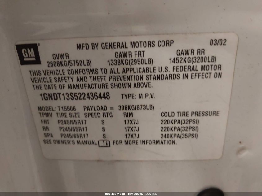 2002 Chevrolet Trailblazer Ltz VIN: 1GNDT13S522436448 Lot: 43971608