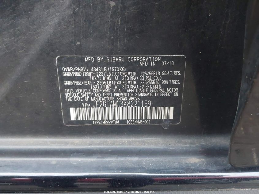 2019 Subaru Crosstrek 2.0I Limited VIN: JF2GTAMC3K8221159 Lot: 43971609