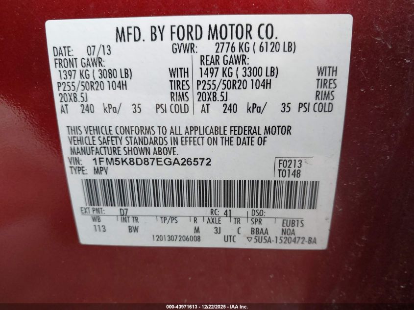 2014 Ford Explorer Xlt VIN: 1FM5K8D87EGA26572 Lot: 43971613