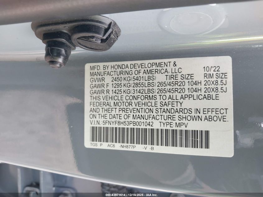 2023 Honda Passport Awd Ex-L VIN: 5FNYF8H53PB001042 Lot: 43971614