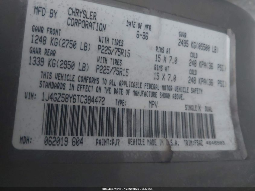 1996 Jeep Grand Cherokee Laredo VIN: 1J4GZ58Y6TC384472 Lot: 43971619